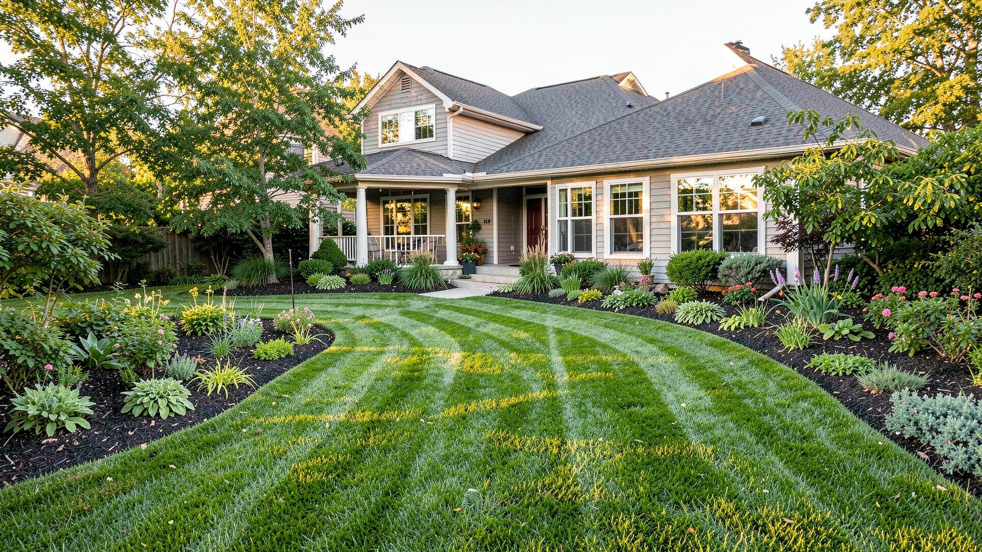 Freshly mowed residential lawn and landscaped beds maintained by Summit Lawn & Landscape Co. in Boulder, CO