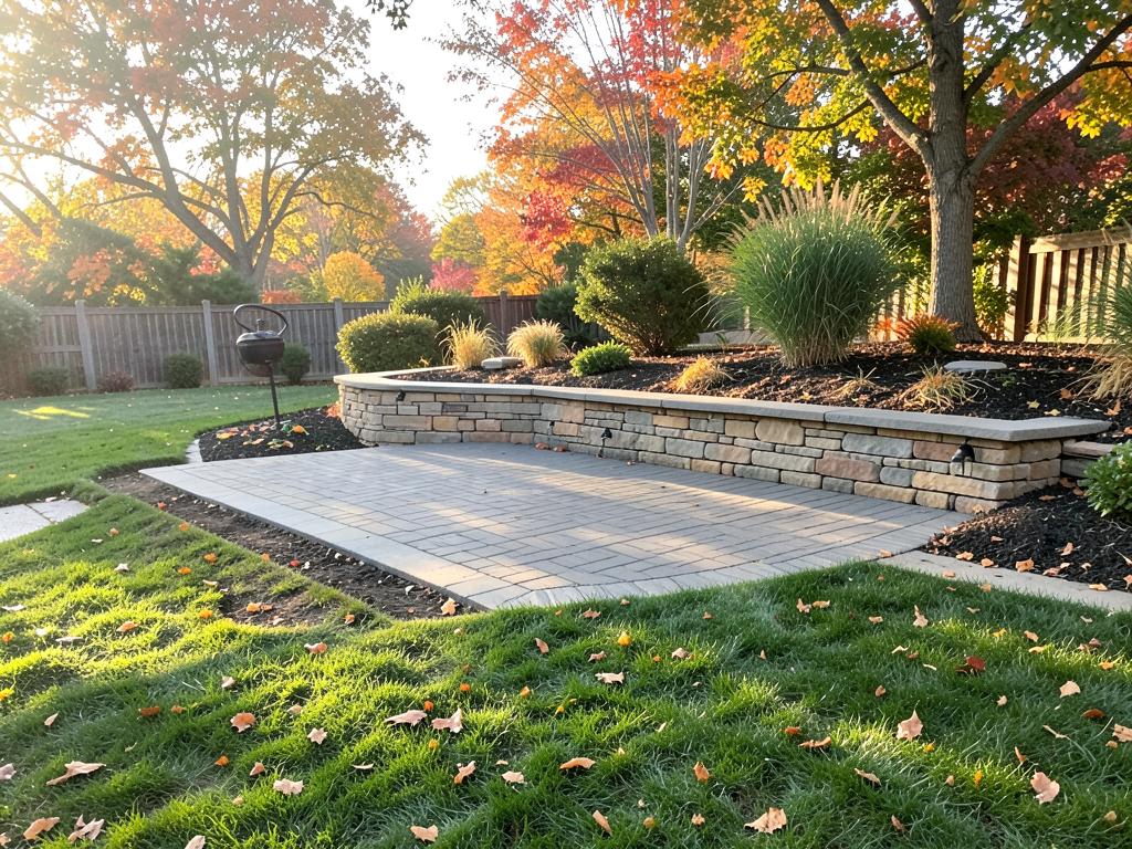 Paver patio and stone retaining wall in a landscaped backyard