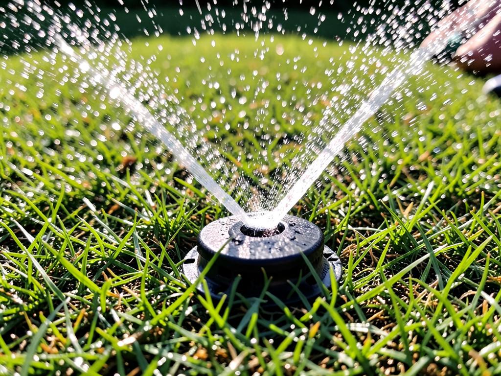Sprinkler head watering a healthy green lawn
