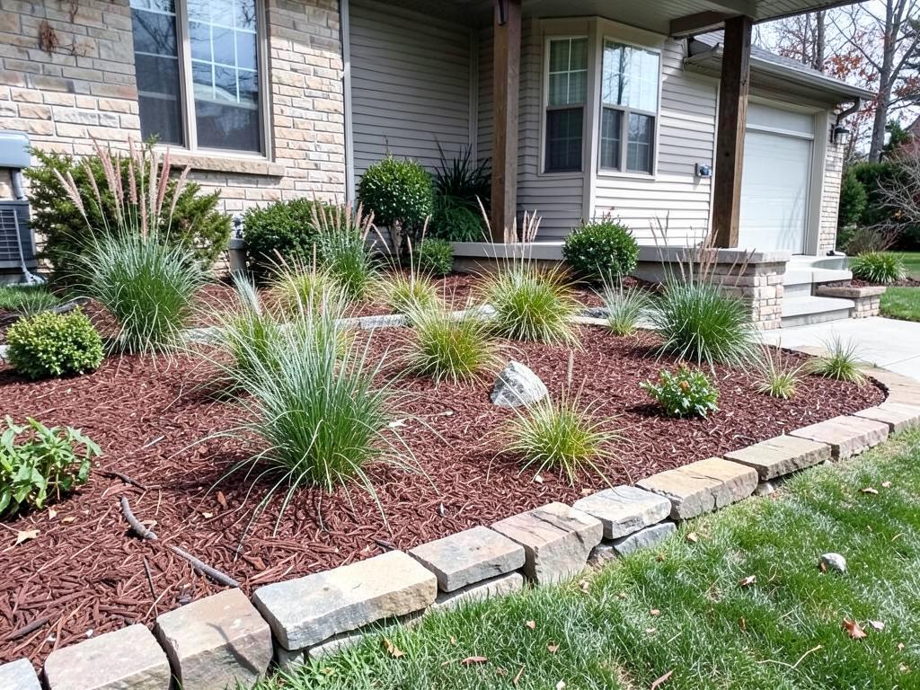 Freshly installed landscape beds with mulch, grasses and stone edging