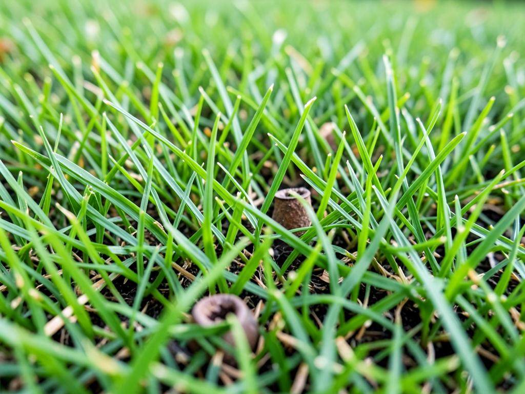 Close-up of thick healthy turf grass after aeration
