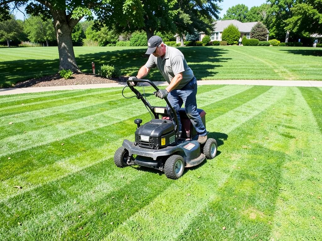 Crew member mowing a green lawn leaving clean mowing stripes